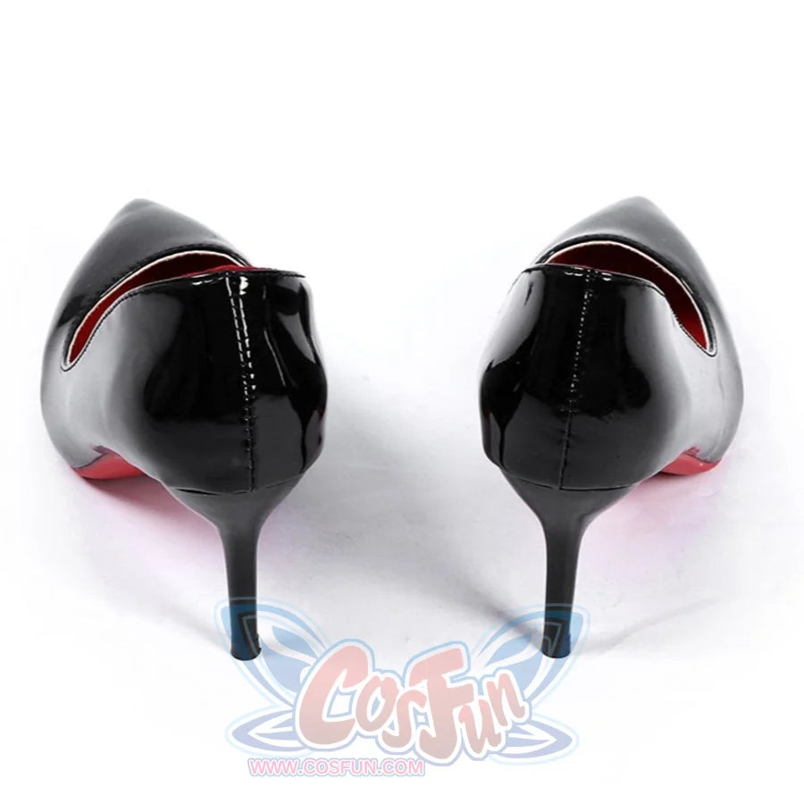 Felicia Hardy cosplay shoes frames glossy heel backs above red inner lining.