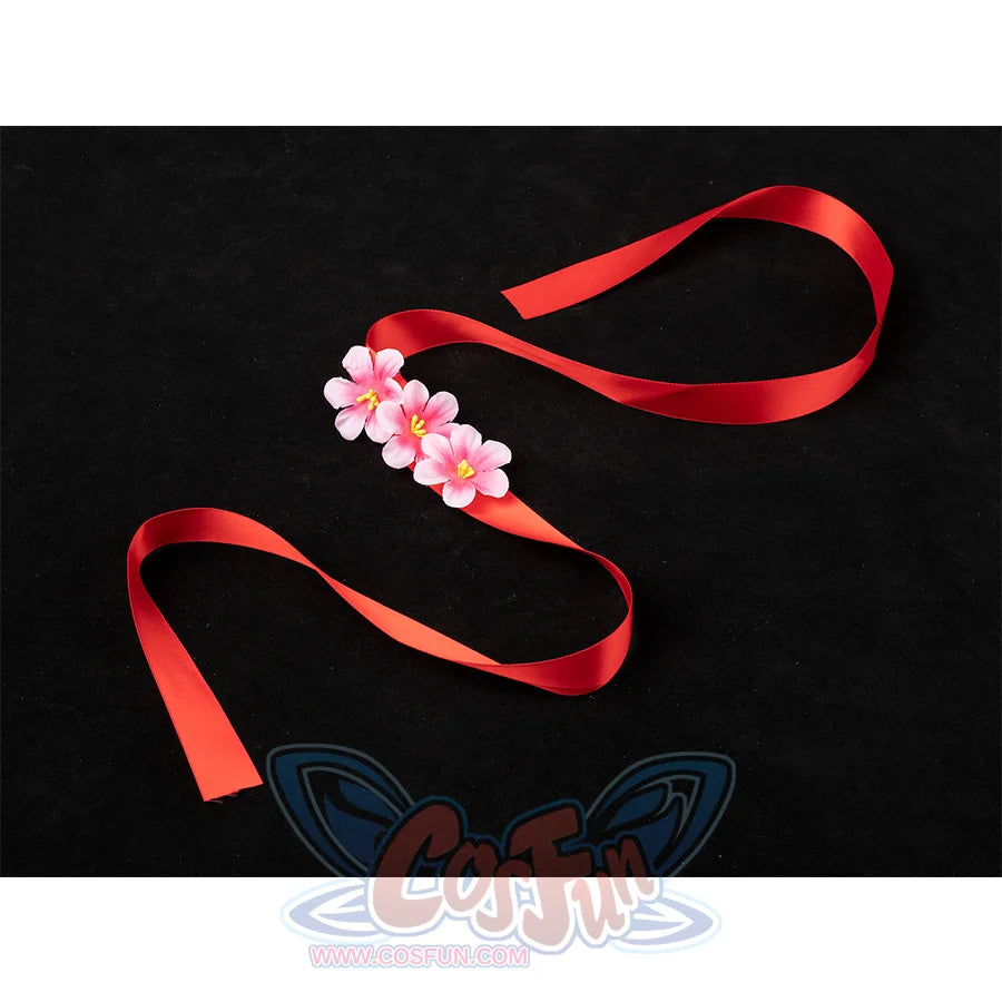 Aerith cosplay hair accessory with red ribbon, pink flowers for complete swimsuit costume