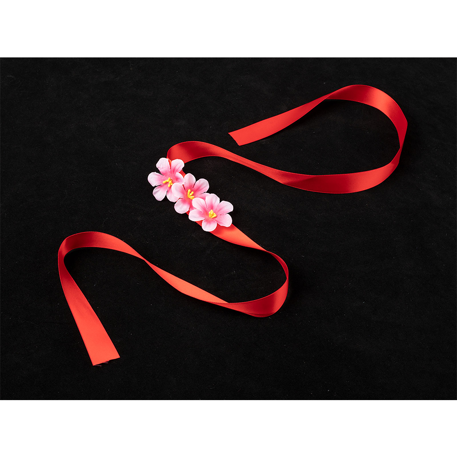 Aerith cosplay hair accessory with red ribbon, pink flowers for complete swimsuit costume