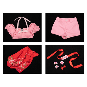Aerith cosplay complete costume set with pink top, shorts, red skirt, accessories