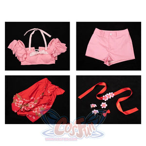 Aerith cosplay complete costume set with pink top, shorts, red skirt, accessories