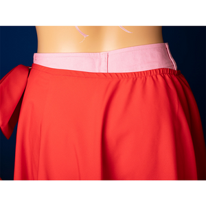 Aerith cosplay red skirt back view with pink waistband, outer skirt for swimsuit costume