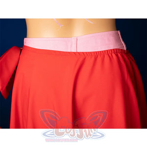 Aerith cosplay red skirt back view with pink waistband, outer skirt for swimsuit costume