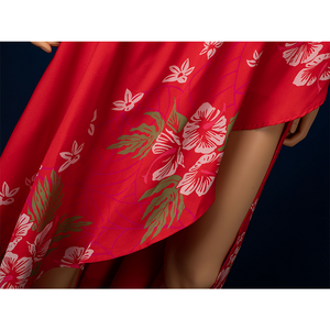 Aerith cosplay red skirt hem with pink floral printed detail, swimsuit costume piece