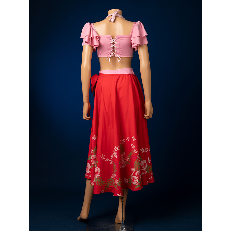 Final Fantasy VII Rebirth Aerith cosplay swimsuit with pink top, red floral skirt front view