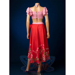 Aerith cosplay swimsuit back view featuring pink lace-up top, red skirt