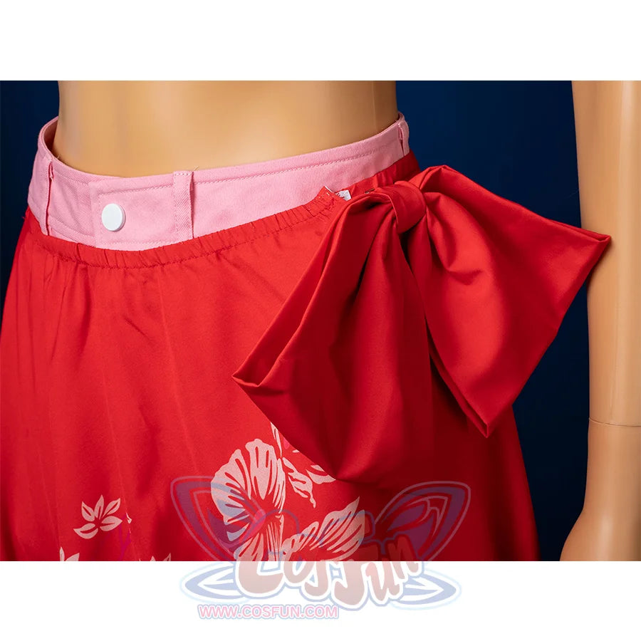 Aerith cosplay red apron skirt bow detail with floral print, swimsuit piece styled