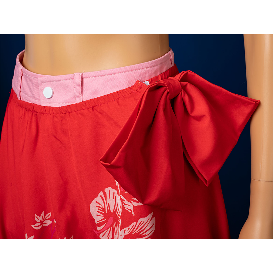 Aerith cosplay red apron skirt bow detail with floral print, swimsuit piece styled