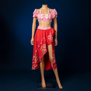 Final Fantasy VII Rebirth Aerith cosplay swimsuit with pink top, red floral skirt front view