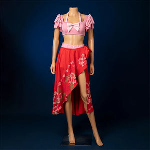 Final Fantasy VII Rebirth Aerith cosplay swimsuit with pink top, red floral skirt front view