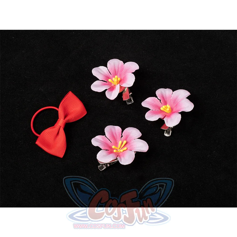 Aerith cosplay head accessories with red bow, pink flower clips for swimsuit costume set