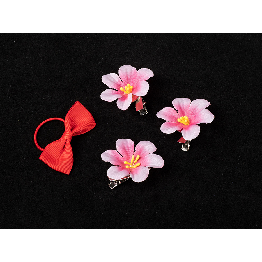 Aerith cosplay head accessories with red bow, pink flower clips for swimsuit costume set