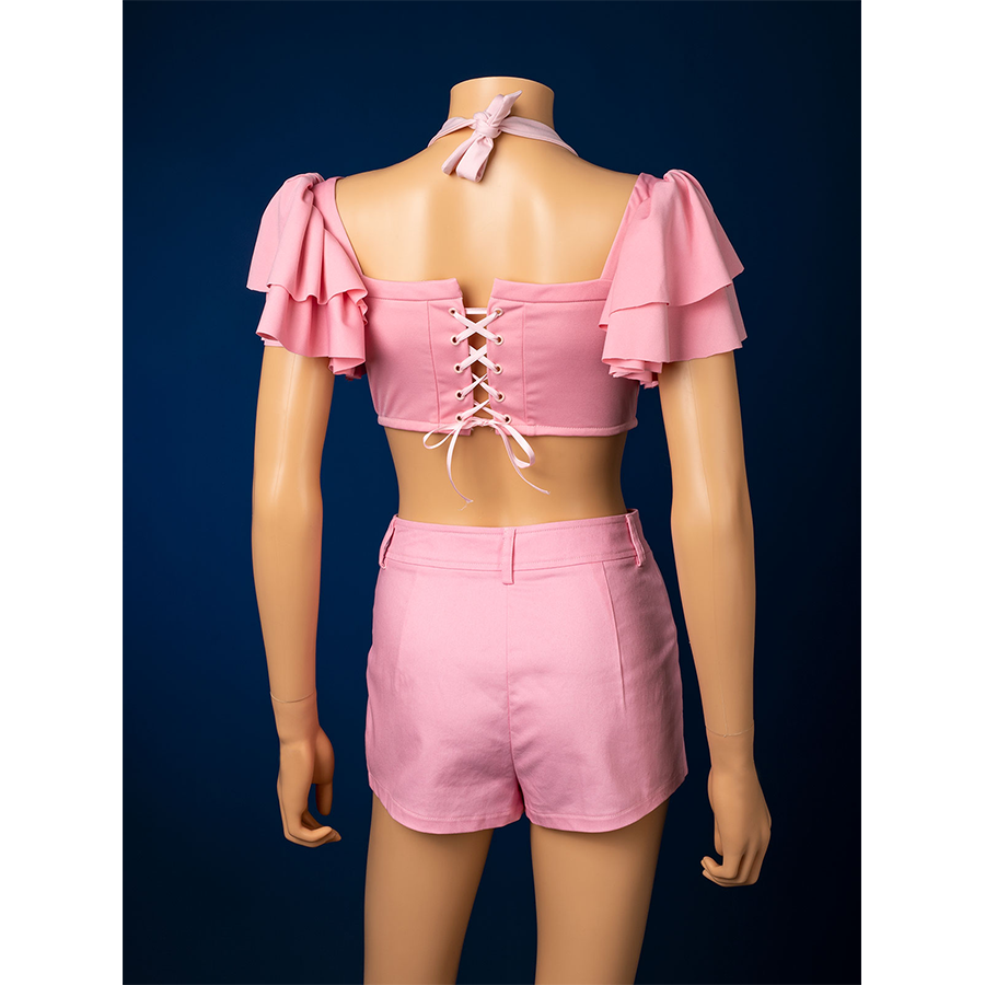 Aerith cosplay inner suit back view with pink lace-up top, shorts, part of swimsuit set