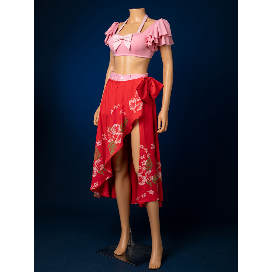 Aerith cosplay costume left side view showing pink frilled top, red asymmetrical skirt