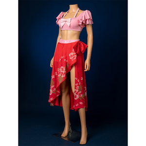 Aerith cosplay costume left side view showing pink frilled top, red asymmetrical skirt