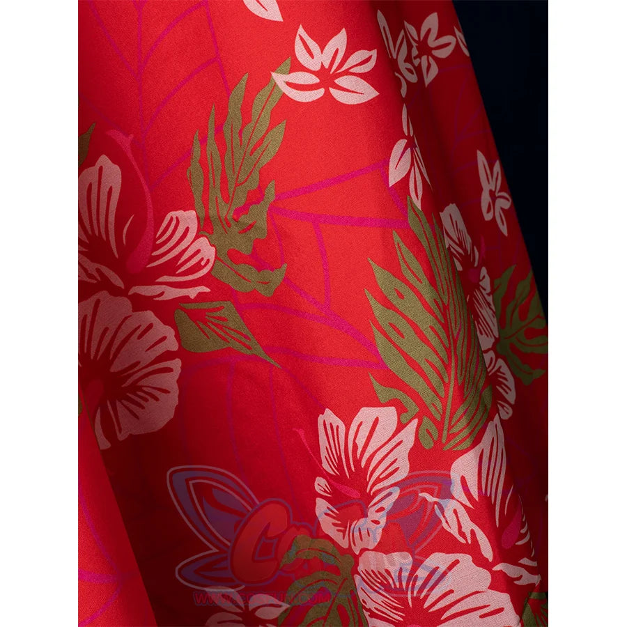 Aerith cosplay red apron printed extreme closeup with pink floral design, costume detail