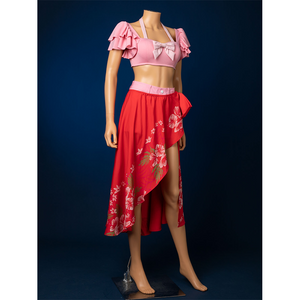 Aerith cosplay outfit right side view with pink bow top, red floral skirt