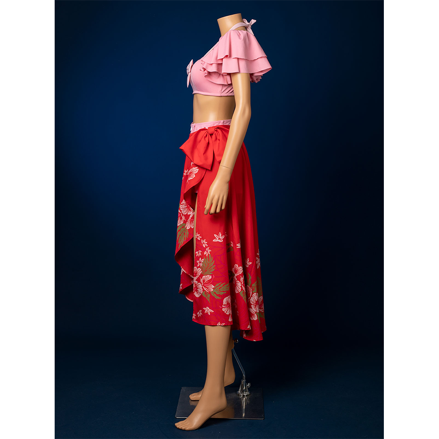 Aerith cosplay swimsuit side detail of pink ruffled top, red floral printed skirt