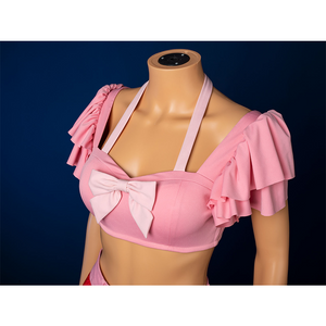 Aerith cosplay top closeup with pink bow, ruffled sleeves detail for swimsuit costume