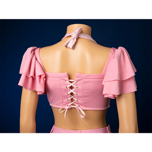 Aerith cosplay swimsuit top back lace-up detail with ruffled sleeves, costume piece