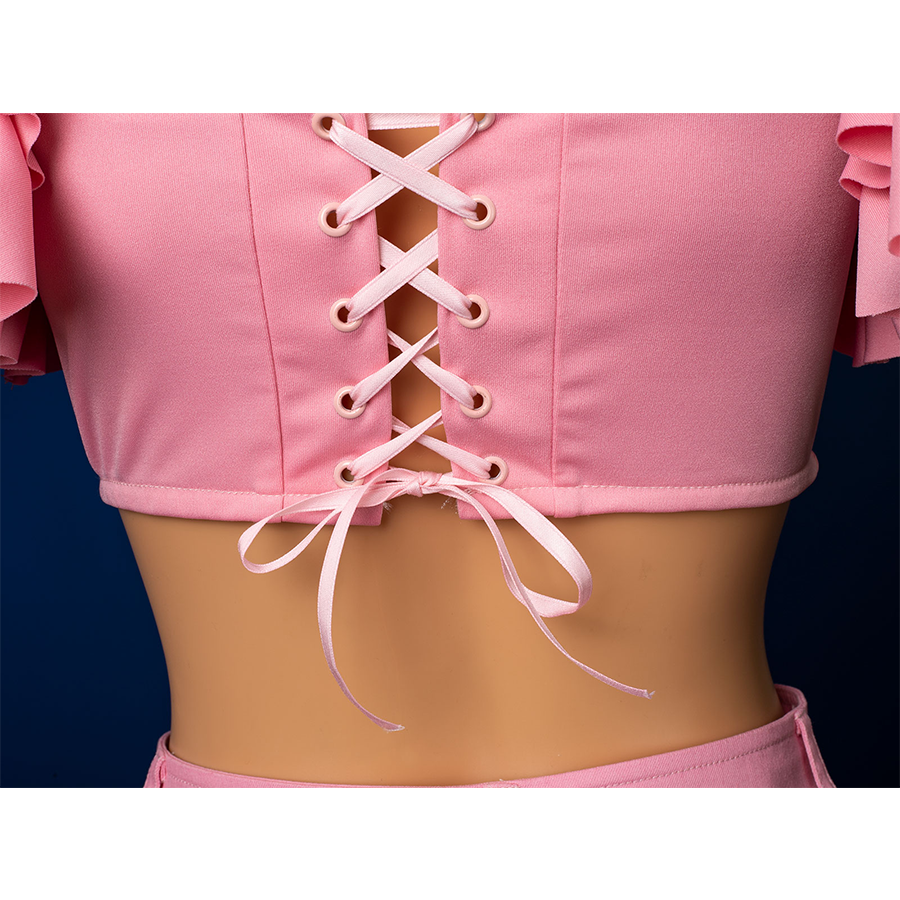 Aerith cosplay top lace-up straps closeup, back detail of swimsuit costume paired