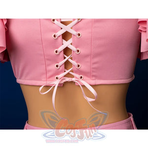 Aerith cosplay top lace-up straps closeup, back detail of swimsuit costume paired