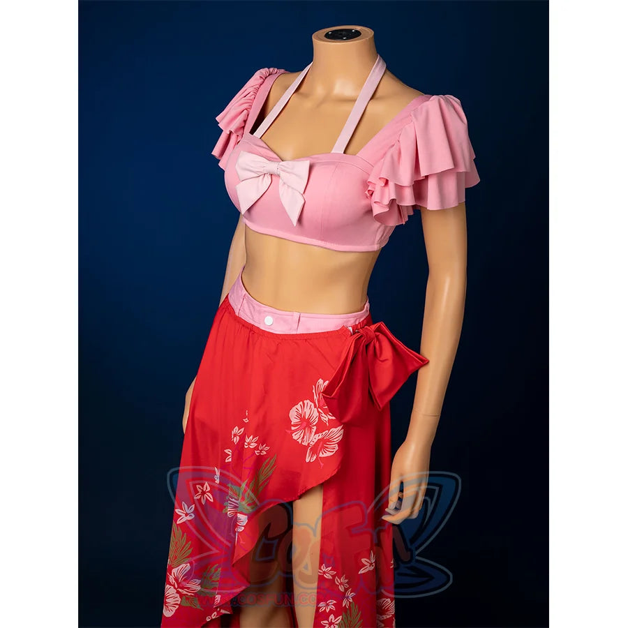 Aerith cosplay swimsuit upper body view with pink bow detail top, red skirt