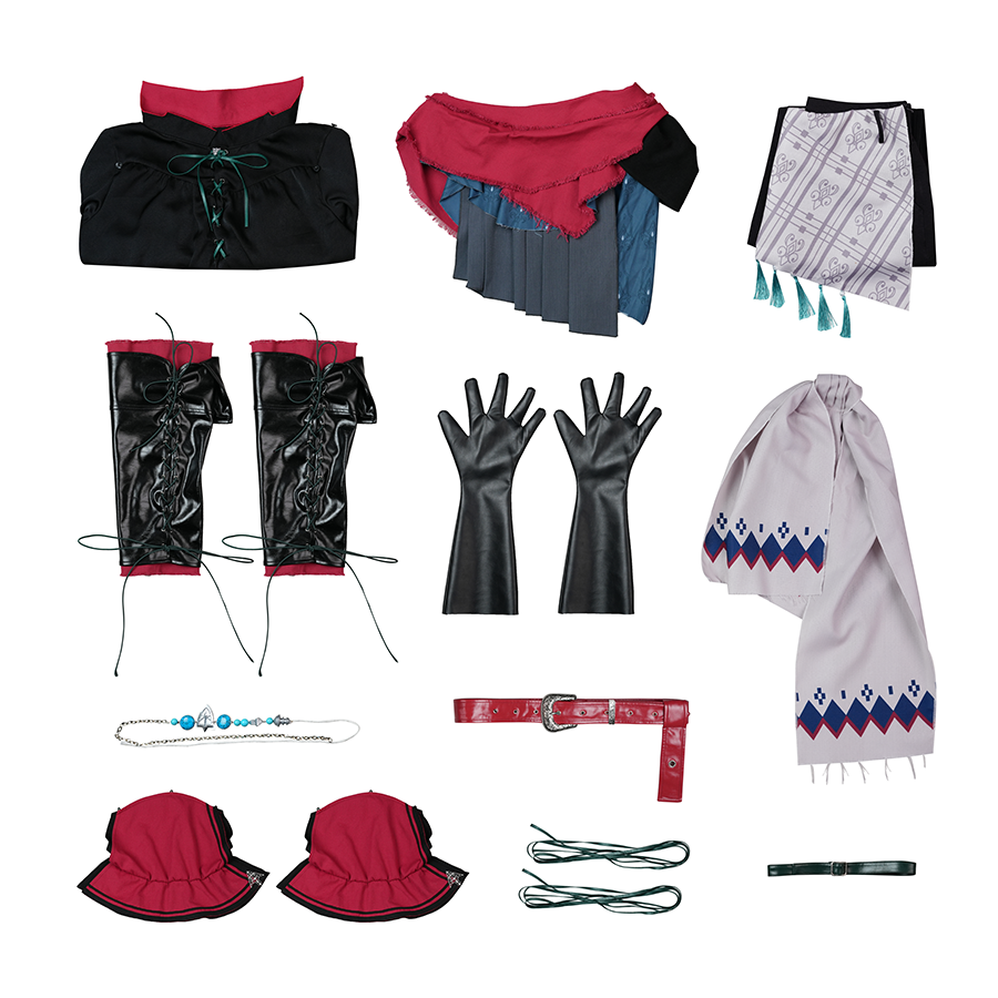 Final Fantasy XVI Joshua Rosfield Cosplay Costume, includes shawl, top, pants with waistband, shoe covers, gloves, belt flaps, belt, waist ornament, leg belt, shoulder pads.