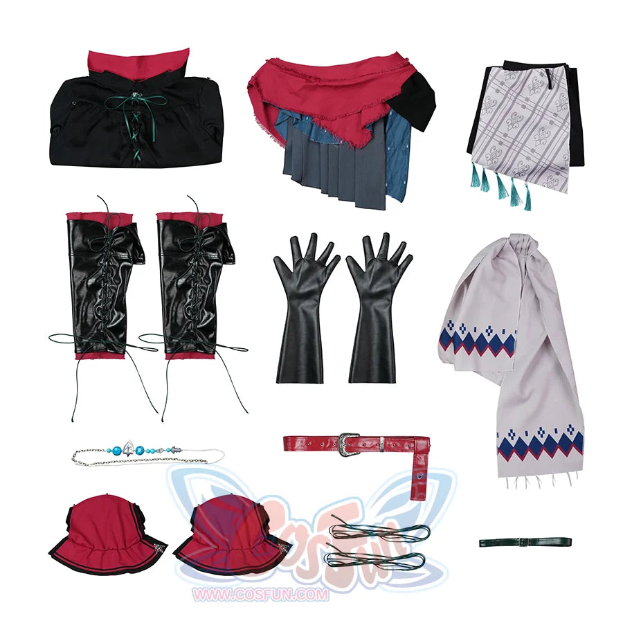 Final Fantasy XVI Joshua Rosfield Cosplay Costume, includes shawl, top, pants with waistband, shoe covers, gloves, belt flaps, belt, waist ornament, leg belt, shoulder pads.