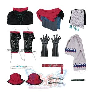 Final Fantasy XVI Joshua Rosfield Cosplay Costume, includes shawl, top, pants with waistband, shoe covers, gloves, belt flaps, belt, waist ornament, leg belt, shoulder pads.