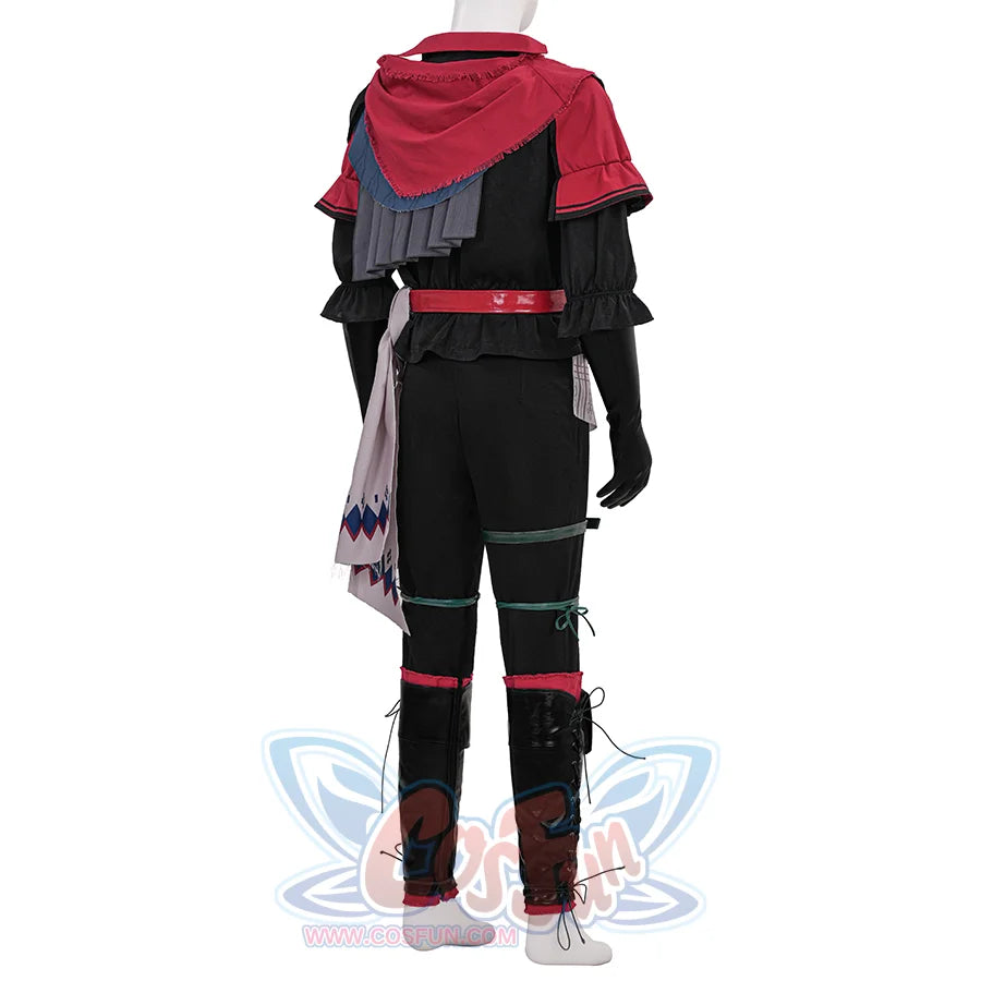 Final Fantasy XVI Joshua Rosfield Cosplay Costume, red and black outfit with abundant accessories, back view.