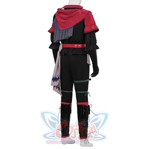 Final Fantasy XVI Joshua Rosfield Cosplay Costume, red and black outfit with abundant accessories, back view.