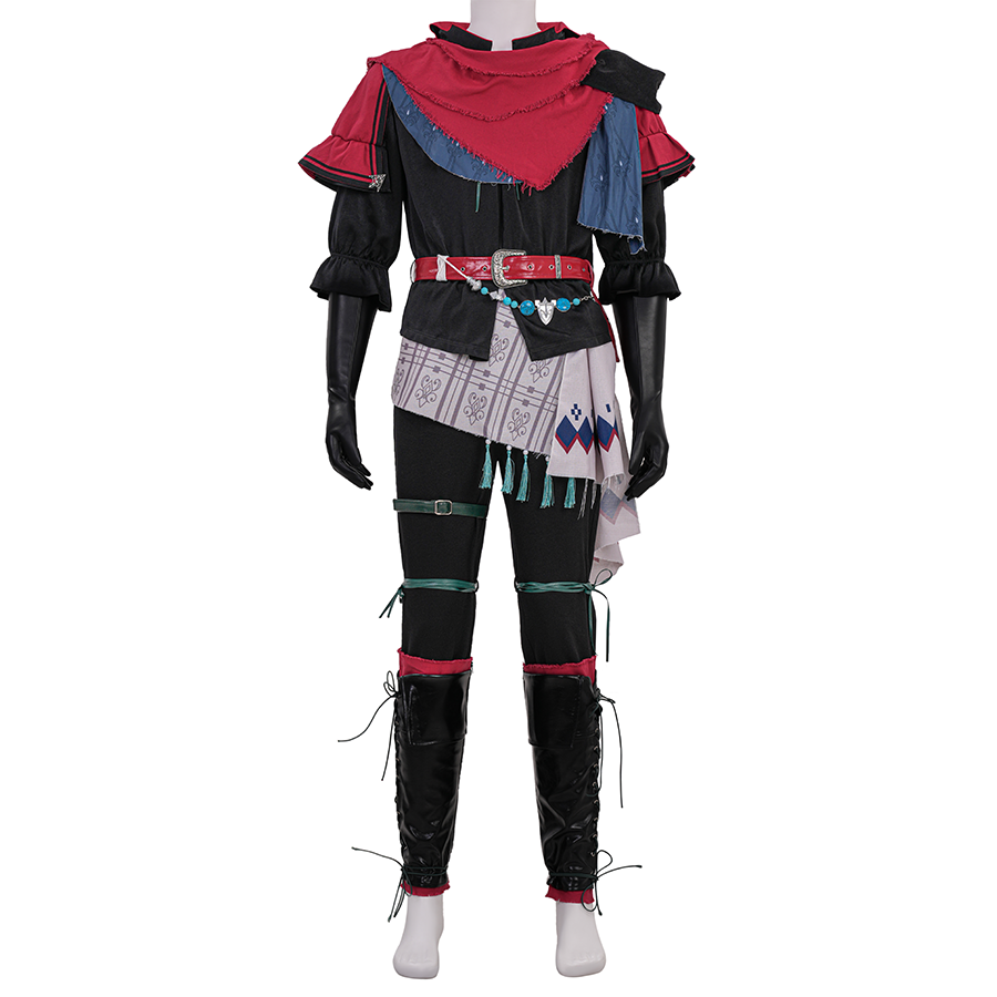 Final Fantasy XVI Joshua Rosfield Cosplay Costume, red and black outfit with abundant accessories, front view.