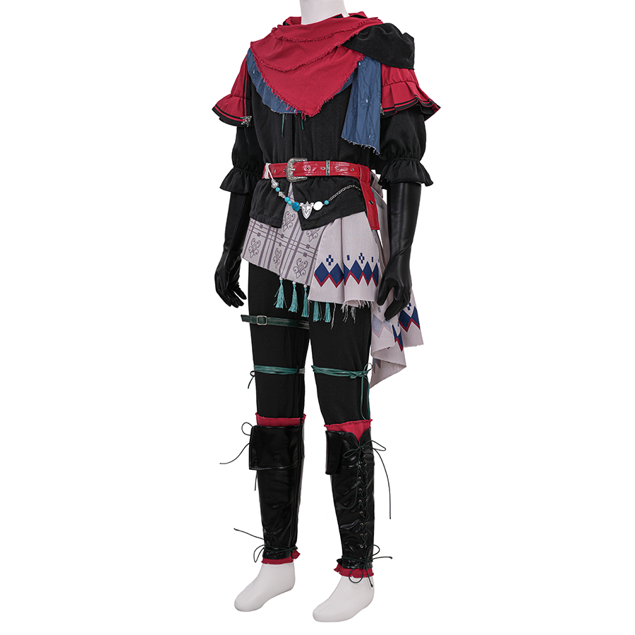 Final Fantasy XVI Joshua Rosfield Cosplay Costume, red and black outfit with abundant accessories, left side view.