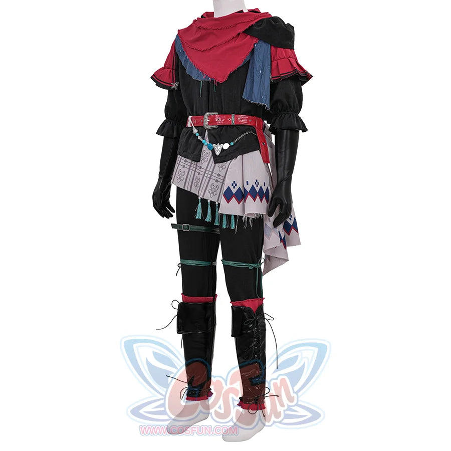 Final Fantasy XVI Joshua Rosfield Cosplay Costume, red and black outfit with abundant accessories, left side view.
