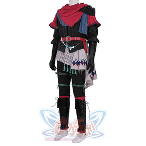 Final Fantasy XVI Joshua Rosfield Cosplay Costume, red and black outfit with abundant accessories, left side view.