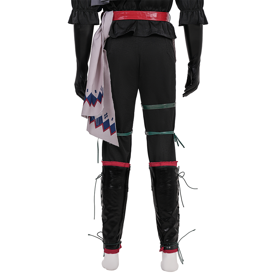 Final Fantasy XVI Joshua Rosfield Cosplay Costume, black pants with leg belts and shoe covers, back view.