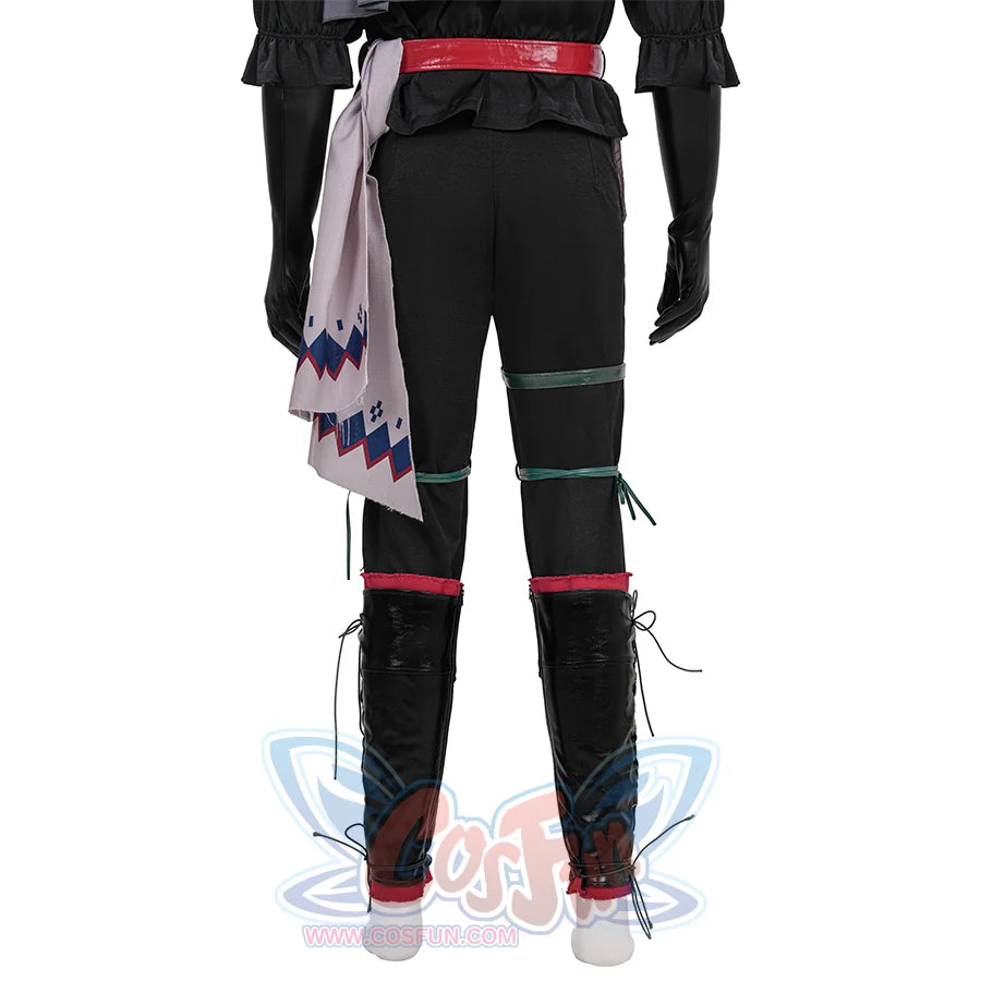 Final Fantasy XVI Joshua Rosfield Cosplay Costume, black pants with leg belts and shoe covers, back view.