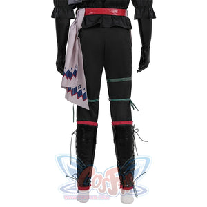 Final Fantasy XVI Joshua Rosfield Cosplay Costume, black pants with leg belts and shoe covers, back view.
