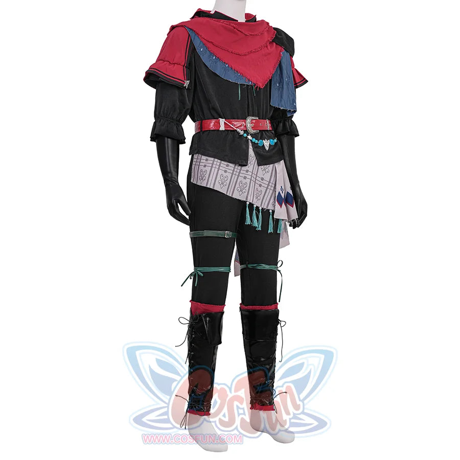 Final Fantasy XVI Joshua Rosfield Cosplay Costume, red and black outfit with abundant accessories, right side view.