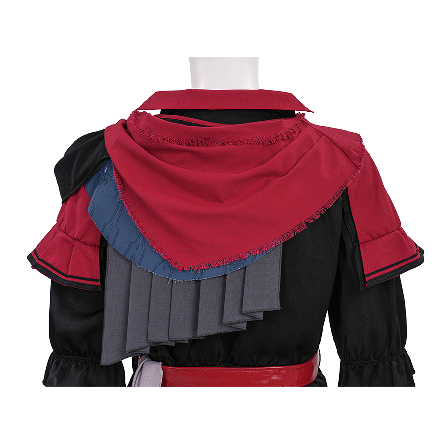 Final Fantasy XVI Joshua Rosfield Cosplay Costume, red, gray and dark blue shawl, back view.