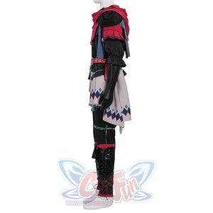 Final Fantasy XVI Joshua Rosfield Cosplay Costume side view, showcase the layered shawl and waist flaps.
