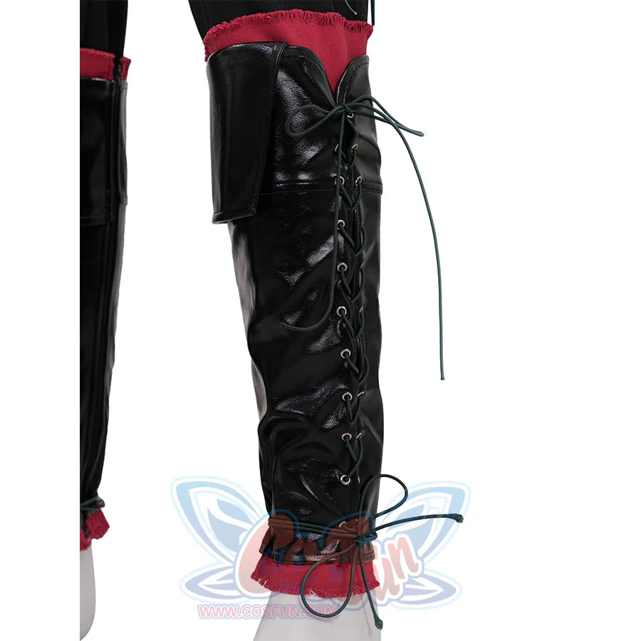 Final Fantasy XVI Joshua Rosfield Cosplay Costume, black and red shoe covers, front view.