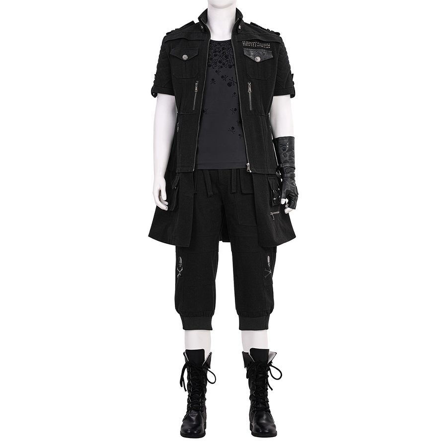 Final Fantasy XV Noctis Cosplay Costume, the all-black design features detailed craftsmanship, front view.