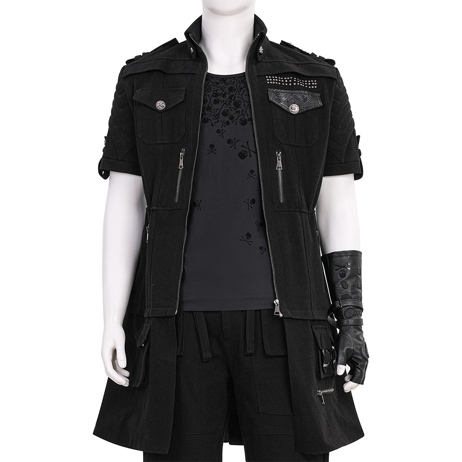 Final Fantasy XV Noctis Cosplay Costume, short-sleeve black denim jacket with some zipper and button decorations.