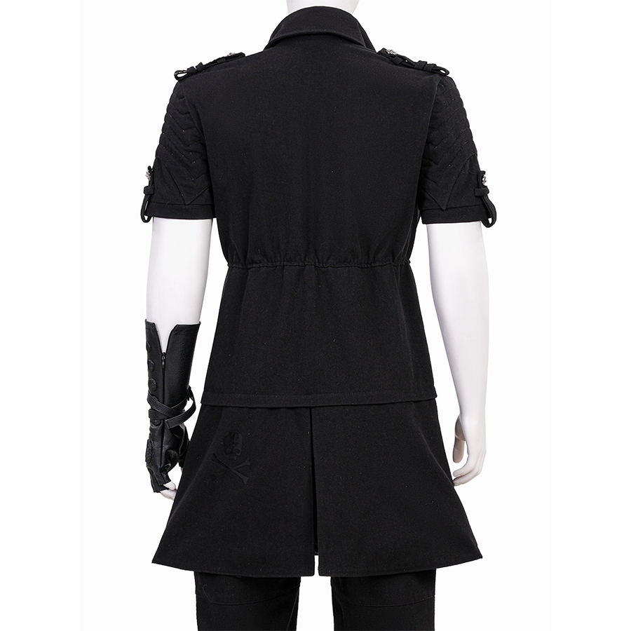 Final Fantasy XV Noctis Cosplay Costume, short-sleeve black denim jacket, rear split.