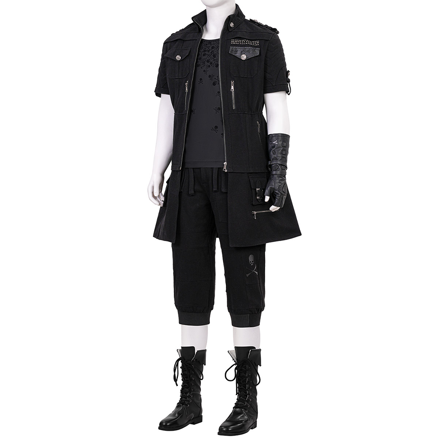 Final Fantasy XV Noctis Cosplay Costume, black outfit with rich details, left side view.