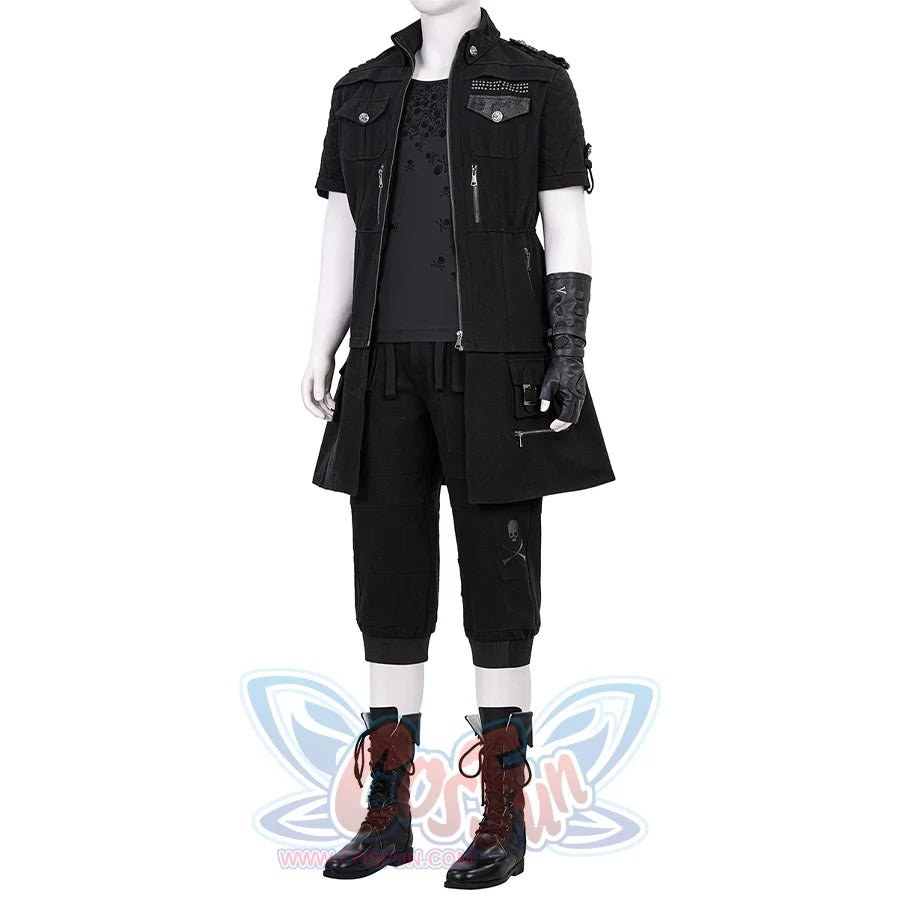Final Fantasy XV Noctis Cosplay Costume, black outfit with rich details, left side view.