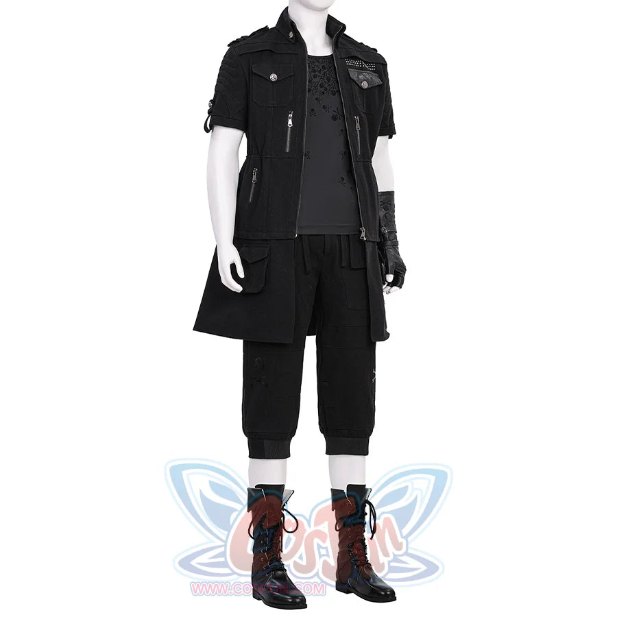 Final Fantasy XV Noctis Cosplay Costume, black outfit with rich details, right side view.