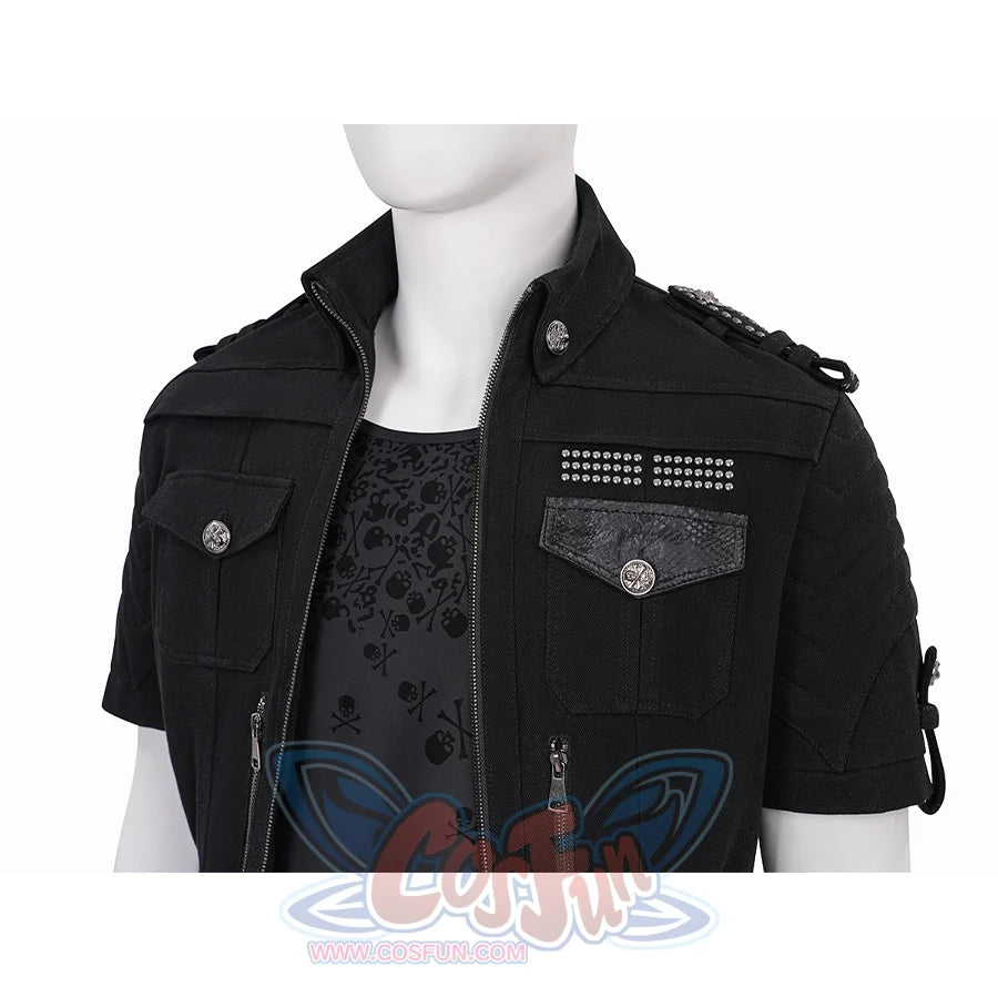 Final Fantasy XV Noctis Cosplay Costume, short-sleeve black denim jacket with some zipper and button decorations.